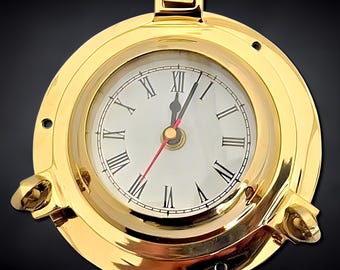 Personalized Nautical Porthole Wall Clock: Brass Ship Wheel, Coastal Decor