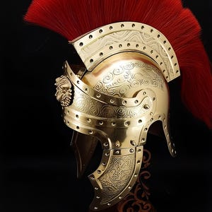 May include: A gold-colored Roman helmet with intricate embossed designs and a vibrant red plume. The helmet features a detailed lion's head emblem and is displayed on a wooden stand, showcasing its historical and decorative appeal.