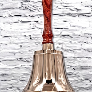 11 Inch Vintage Brass Hand Bell with Wooden Handle – School Bell, Dinner Bell, Reception Desk Bell, Call Service Bell, Antique Decor Bell