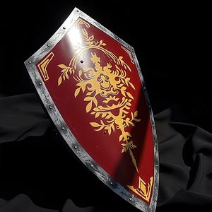 Personalized Medieval Knight Shield, Red Gold Heraldic Steel Wall Decor image 3