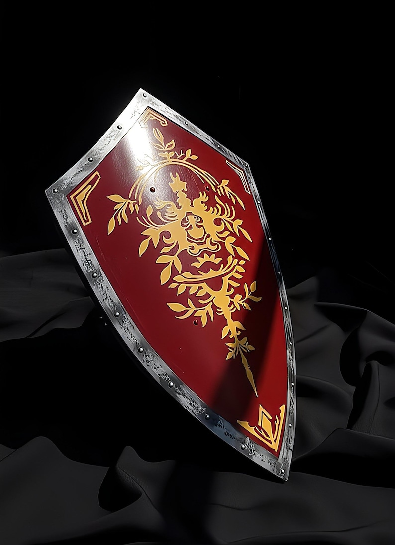 Personalized Medieval Knight Shield, Red Gold Heraldic Steel Wall Decor image 3