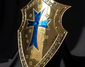 Personalized Gold Medieval Knight Shield, Blue Cross, Gothic Armor Wall Decor, 24 Inch