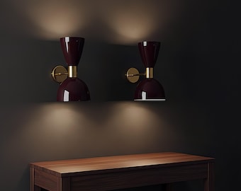 Personalized Mid Century Modern Wall Sconce Set: Burgundy & Brass Adjustable Light