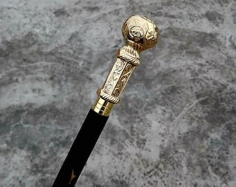 Personalized Handcrafted Black Wooden Walking Cane | Vintage Brass Handle