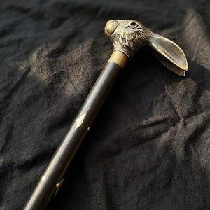 Può includere: Bastone da passeggio decorativo con manico a forma di testa di coniglio in ottone. L'asta marrone scuro presenta intarsi a forma di stella e diamante. Il bastone è posto su uno sfondo scuro.