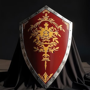 Personalized Medieval Knight Shield, Red Gold Heraldic Steel Wall Decor image 4