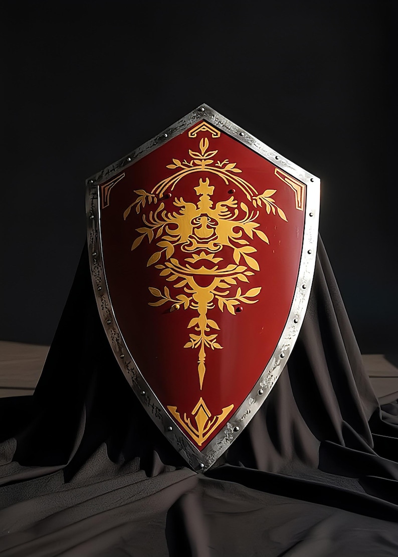 Personalized Medieval Knight Shield, Red Gold Heraldic Steel Wall Decor image 4