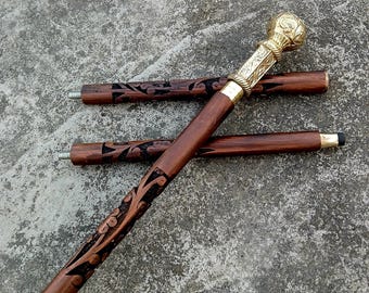 Personalized Handcrafted Wooden Walking Cane with Brass Handle | Vintage Decor Prop
