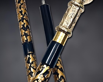 Personalized Luxury Black & Gold Floral Walking Cane | 3-Fold Decorative Stick