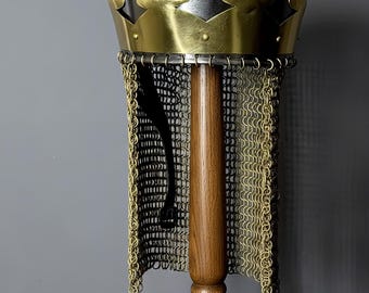 Personalized Medieval Chainmail Crown Helmet: Steel & Brass Knight Armor