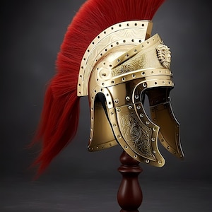 May include: A gold-colored Roman helmet with a red plume, displayed on a wooden stand. The helmet features intricate embossed designs and a lion's head emblem. The helmet is a decorative item.