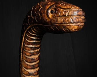 Hand Carved Ash Wood Snake Walking Stick: Cobra Serpent Cane