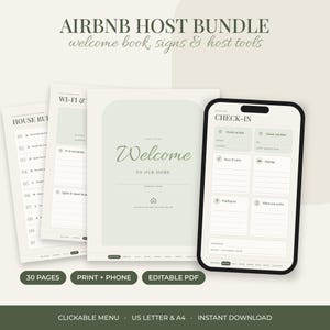 May include: An Airbnb host bundle featuring a welcome book, signs, and host tools. The set includes 30 pages of editable PDF templates for print or phone use, with a clickable menu, US letter and A4 sizing, and an instant download option.