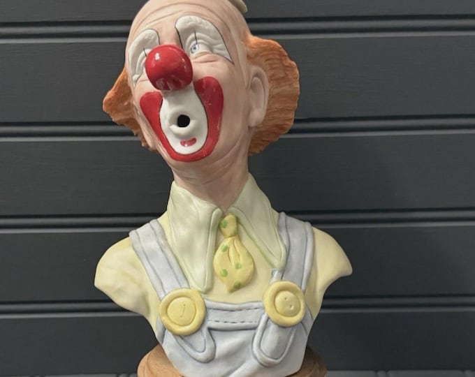 Vintage Clown Bust Sculpture by Edward J. Rohn – 1979 Signed Limited Edition – Hand-Painted Ceramic with Wood Base – Circus Collectible