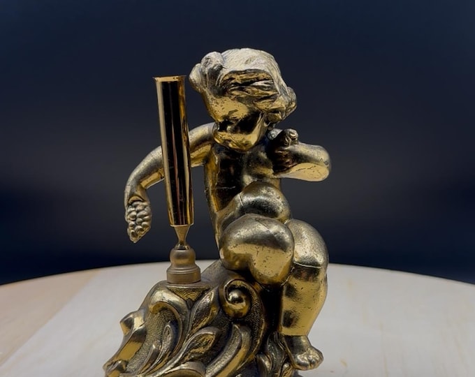 Vintage Hamilton Sterling 24k Gold Plated Cherub Pen Holder – Ornate Desk Art