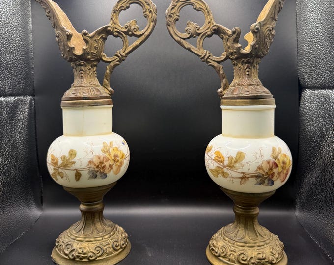 Antique-Style Ornate Decorative Ewer Pair | Victorian Revival Mantel Vases with Floral Porcelain | Brass Gilt Metal & Hand-Painted Details