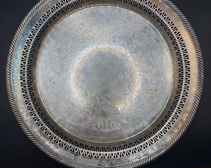 Vintage Wm. A. Rogers Silverplate Tray | 12” Reticulated Pierced Edge | Ornate Etched Bar or Serving Tray