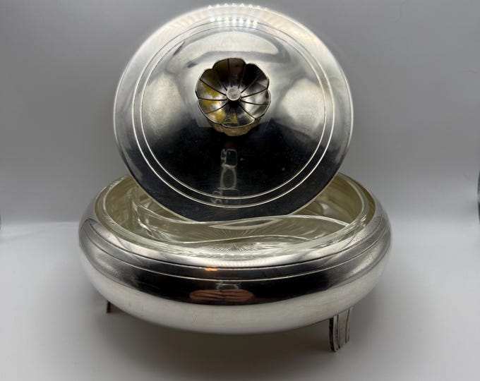 Mueck Cary Silverplate Covered Dish with Glass Insert Vintage 6 Inch Footed