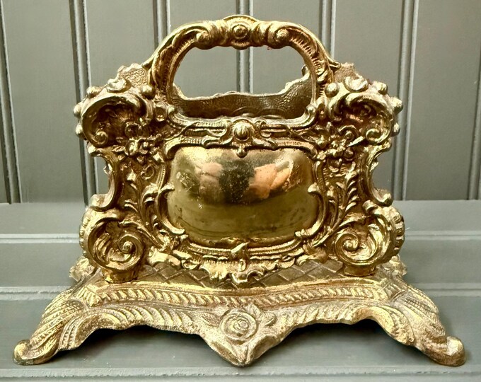 Antique Cast Brass Letter Holder | Rococo Style | Victorian Desk Decor | Ornate Gilded Organizer