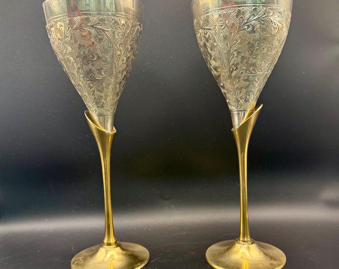 Pair of Vintage Silver Plated & Brass Etched Goblets – Ornate Floral Engraved Chalices, Decorative Wine Cups, Mid Century Style