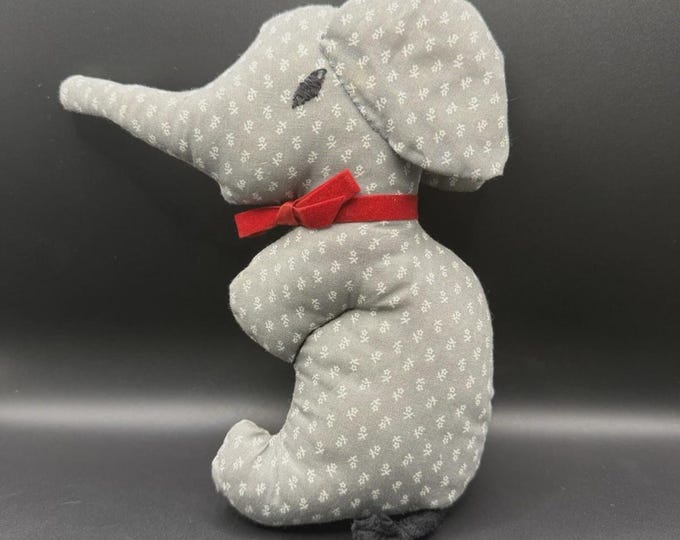 Vintage Handmade Plaid Elephant Stuffed Toy Gray Calico Fabric