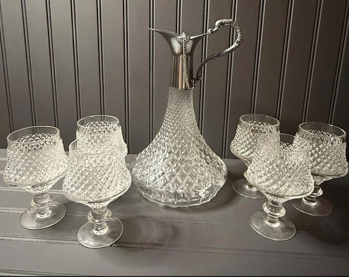 Vintage Cut Glass Claret Jug w/ 6 Goblets – Silverplate Handle Wine Set