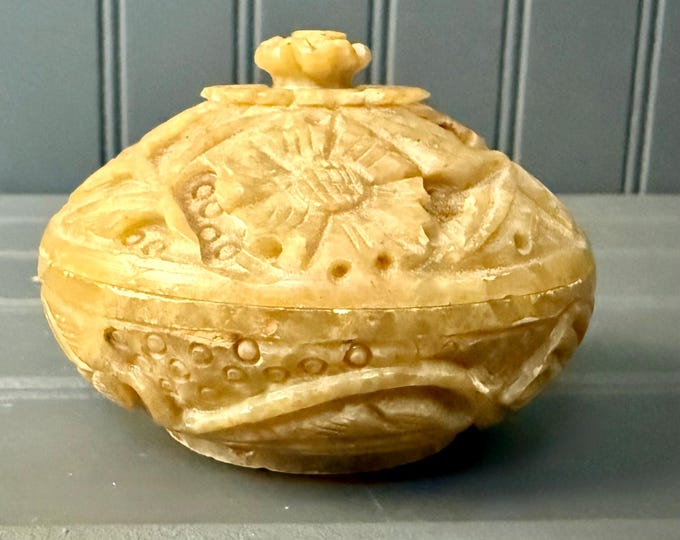 Vintage Hand-Carved Soapstone Trinket Box – Floral Design – Lidded Jewelry Dish