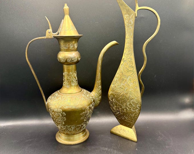 Vintage Etched Brass Ewer Pitchers - Set of 2, Indian Floral Decor