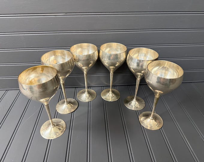 Set of 6 Vintage Leonard E.P.N.S. Silver Plated Champagne Coupes – 7” Cocktail Goblets, Mid Century Barware