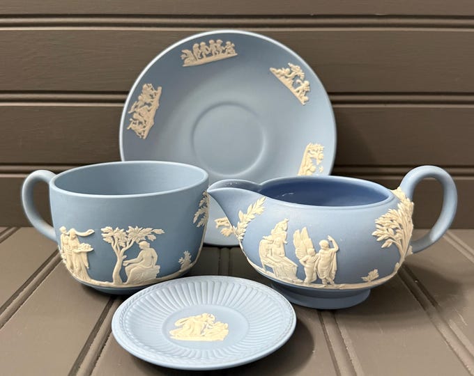 Wedgwood Blue Jasperware Tea Set – Cup, Creamer & Saucers – Classical Relief, Made in England