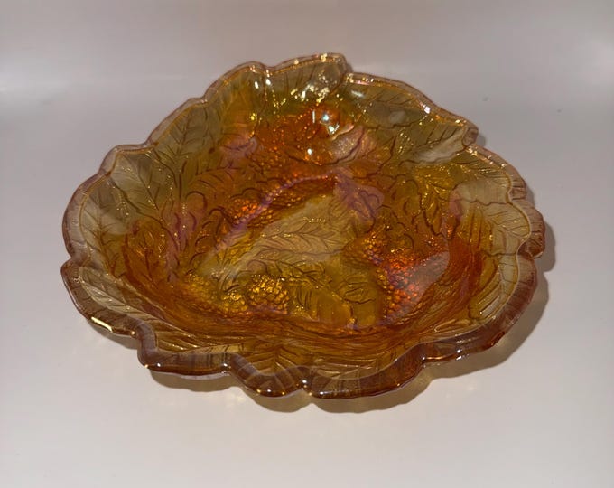 Marigold Carnival Glass Bowl • Berry Leaf Pattern • Vintage Iridescent 7 Inch