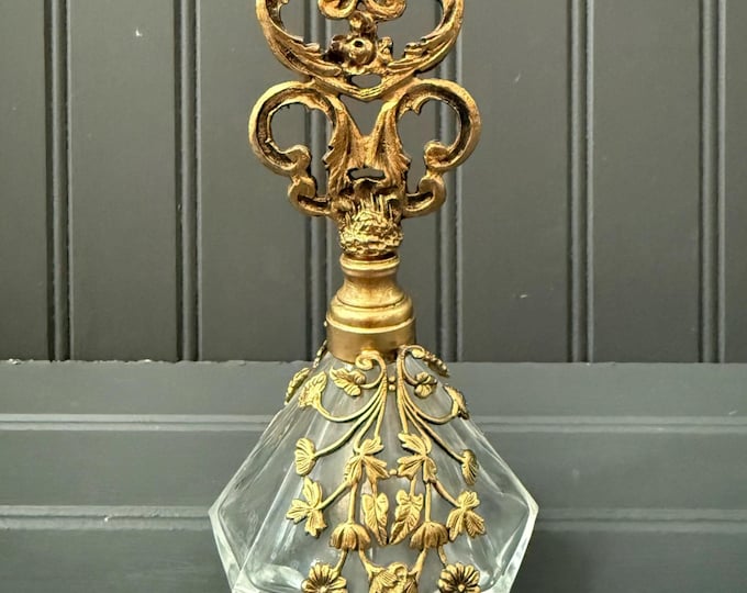 Antique Hand Cut Lead Crystal Perfume Bottle w/ Ornate Gilt Stopper