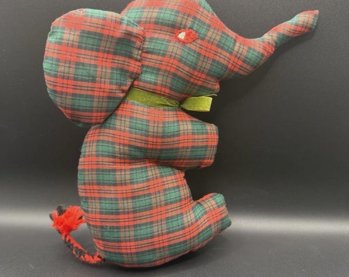 Vintage Handmade Plaid Elephant Stuffed Toy Red Green Flannel Christmas Decor