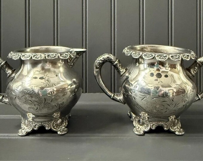 Vintage Royal Mfg Co. Silverplate Creamer & Sugar Bowl Set – Triple Plated Ornate Floral Feet