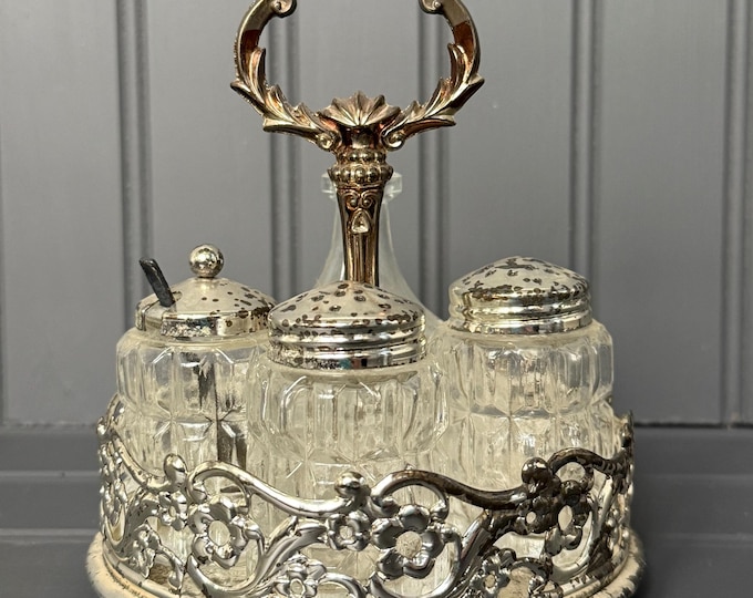 Antique Silverplate Cruet Set with Etched Glass Bottles & Spoon | Vintage Condiment Caddy