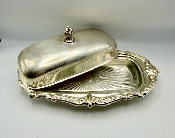 Vintage Sheridan Silverplate Butter Dish w/ Ornate Lid & Glass Insert