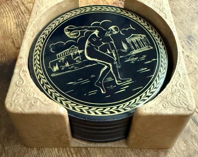 Vintage Greek Coaster Set by D. Doumouchtouris | Black & Gold Ancient Olympia Scenes | Made in Greece