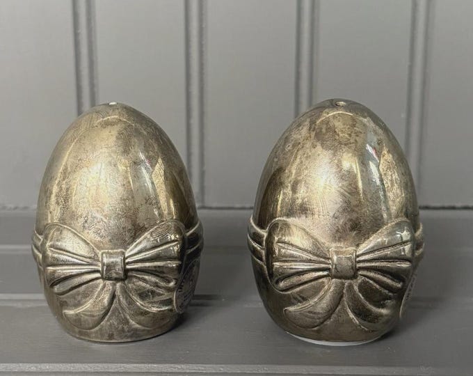Vintage Silver Egg Salt & Pepper Shakers with Bow Detail – Mid-Century Pair