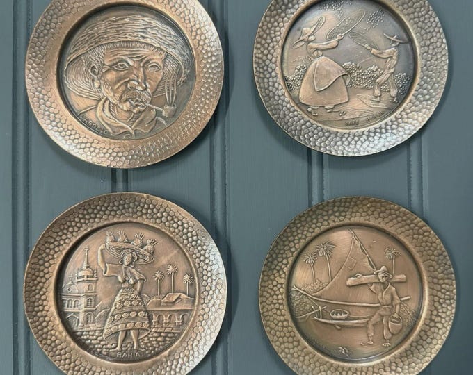 Vintage Embossed Copper Coasters – Set of 4 Made in Brazil Folk Art Scenes