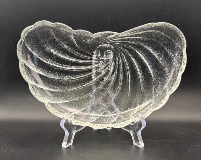Vintage IVV Italy Glass Crescent Dishes Set of 4, Spiral Swirl Pattern Clear Glass Salad or Side Plates, Mid Century Modern Italian Glasswar