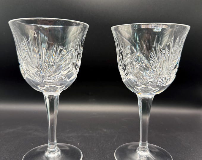 Gorham Cherrywood Crystal Wine Glasses – Set of 2, 5 3/4” Tall, Cut Crystal Stemware, Vintage Barware