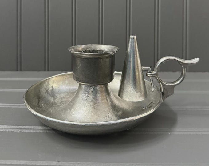 Vintage Pewter Chamberstick with Snuffer – Colonial Style Finger Loop Candle Holder