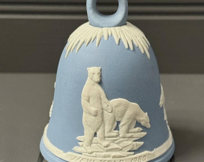 Vintage Wedgwood Jasperware Bell – 1980 New Year Polar Bear Blue & White