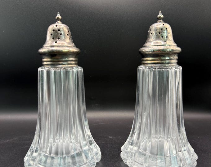 Vintage Glass Salt & Pepper Shakers, Silverplate Tops, Fluted Base, 6” Tall Pair