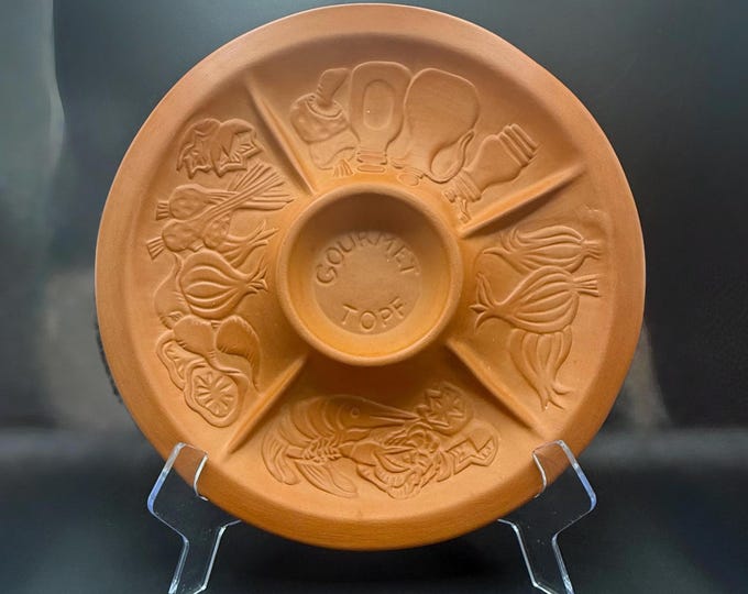 Vintage 1980 Gourmet Topf Terracotta Chip and Dip Platter Divided Serving Plate Made in USA