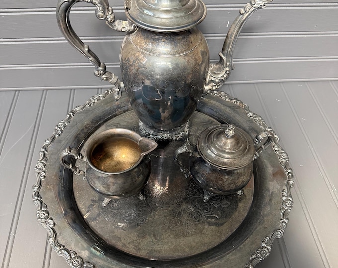 Vintage Wm A Rogers Royal Provincial Silverplate Coffee Tea Set with Tray – Ornate 4 Piece Serving Set, Antique Silver Plate