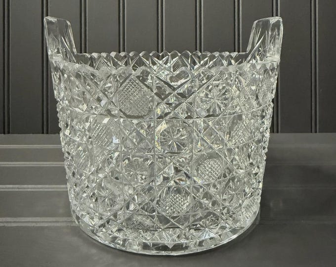 Vintage Cut Crystal Ice Bucket with Handles – Starburst Base & Diamond Pattern