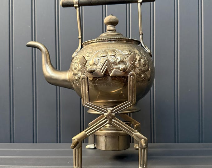 Antique Brass Spirit Kettle with Stand & Burner | Ornate Floral Design | Wood Handle | Vintage Teapot | English Aesthetic Revival c.1890s