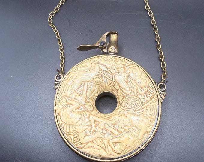 Vintage Denix Circular Powder Flask, 17th Century German Replica, Ornate Erotic High Relief Decorative Canteen