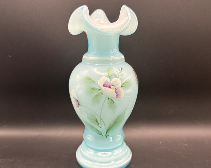 Vintage Fenton Blue Topaz Vase – Hand-Painted Poppy, Ruffled Art Glass